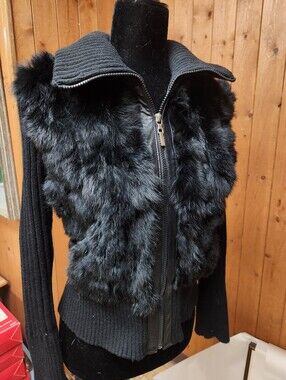 Black Rabbit Fur Zip Front Vest with Ribbed Knit Sleeves USA Made